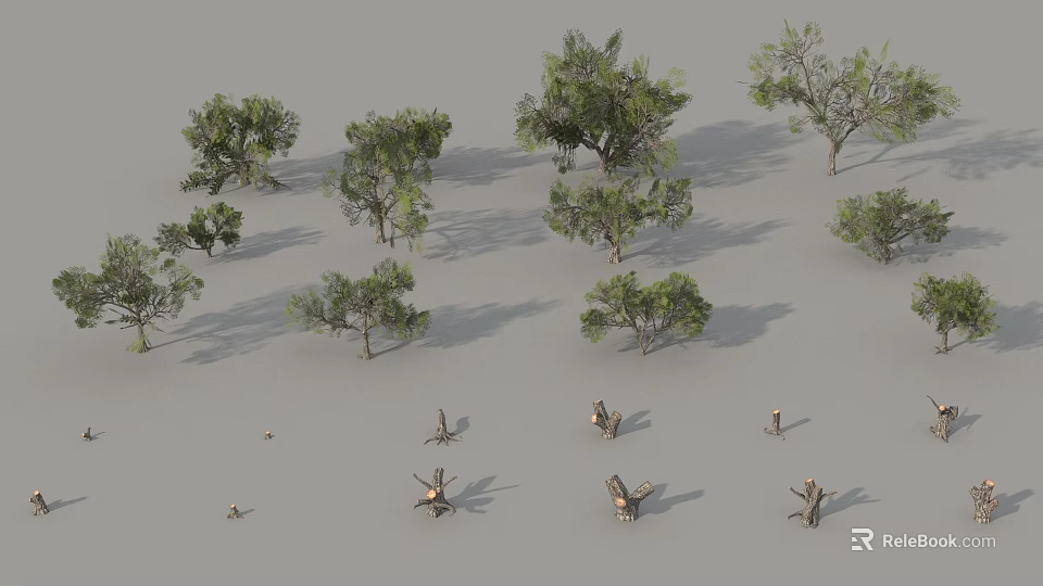 Trees 3D Models With Various Sizes Shapes Gray Background And Dead Stumps 3d model