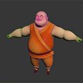 3D Animated Game Movie Character Chubby Monk In Orange Robe With Arms Outstretched Standing Pose