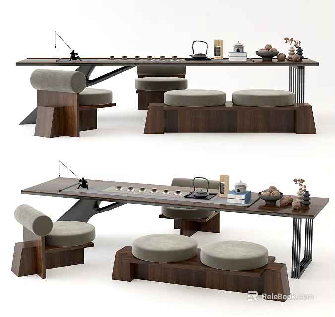 Modern Wooden Tea Table And Chairs With Round Cushioned Seats And Tea Accessories 3d model 