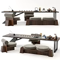 Modern Wooden Tea Table And Chairs With Round Cushioned Seats And Tea Accessories