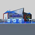 Modern Blue Exhibition Booth With Tent Design Display Screens And Tables 3d model