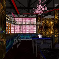 Vibrant Bar With E PARTY Neon Sign Shelves Bottles Counter Stools And Purple Red Lighting