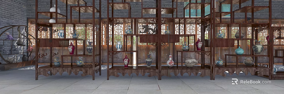 Traditional Ceramic Vessels Displayed On Wooden Antique Shelves With Carved Lattice Windows And Stone Slab Floor 3d model 