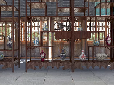 Traditional Ceramic Vessels Displayed On Wooden Antique Shelves With Carved Lattice Windows And Stone Slab Floor 3d model