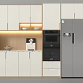 Modern White Kitchen Sideboard With Refrigerator Oven Coffee Machine And Lighting 3d model