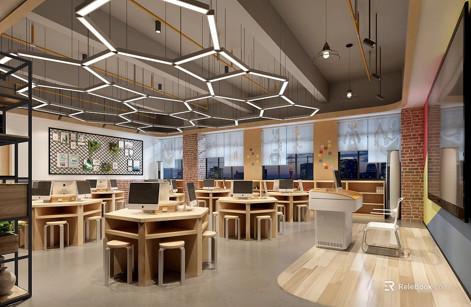 Bright Modern Kindergarten Space With Wooden Kids Tables Creative Lighting And Decorative Walls 3d model 