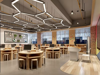 Bright Modern Kindergarten Space With Wooden Kids Tables Creative Lighting And Decorative Walls 3d model