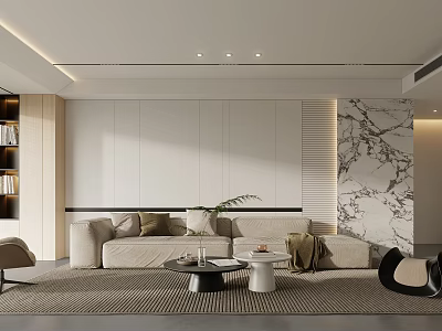 Modern Minimalist Living Room Interior With Sofa Coffee Tables And Marble Wall 3d model
