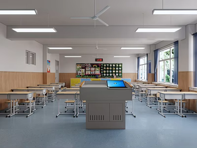 School Classroom With Desks Chairs Teacher Desk Blue Screen Ceiling Fan And Windows 3d model