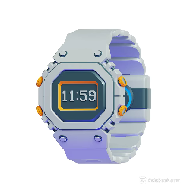 Modern Smart Watch With Square Dial Digital Display Silver Blue Strap And Orange Buttons 3d model 