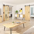 Modern Open Living Room Interior With Wooden Sliding Barn Doors Coffee Table And Sofa