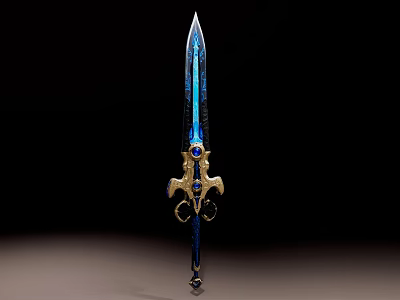 Ornate Decorative Sword With Blue Blade Golden Hilt And Gemstone Embellishments 3d model