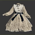 Beige Navy Blue Dress With Ruffled Skirt Black Bow Accents Stand Collar And Long Sleeves