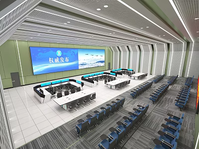 Modern Monitoring Control Room With Large Screen Control Consoles And Seats Layout 3d model