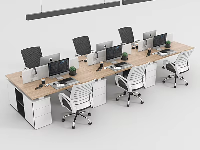 Modern Office Desk Workstations With Wooden Surface Ergonomic Chairs White Drawer Cabinets And Monitors 3d model