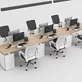 Modern Office Desk Workstations With Wooden Surface Ergonomic Chairs White Drawer Cabinets And Monitors