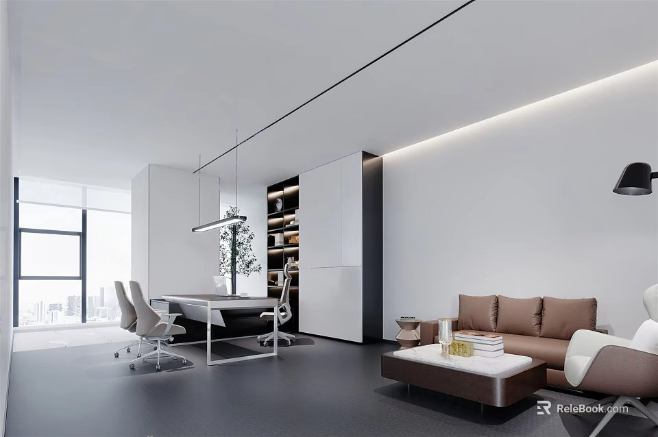 Modern Office Interior With Open Space Desk Chairs Sofa Bookshelf Floor To Ceiling Windows 3d model