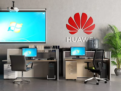 Modern Office Desk With Two Computers Office Chairs HUAWEI Logo Projector Screen And Potted Plant 3d model