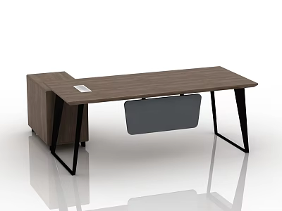 Modern Office Desk With Wooden Desktop Black Metal Legs And Drawer Unit 3d model