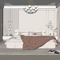 Elegant Bedroom Interior with Paneled Walls Large Bed Brown Blanket and Spherical Chandelier