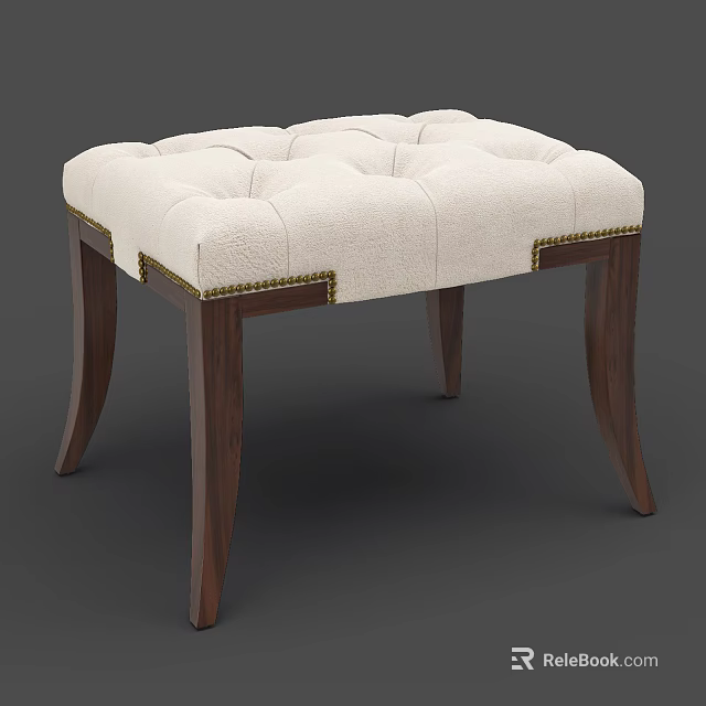 White Tufted Sofa Stool With Dark Wooden Curved Legs And Gold Nailhead Trim 3d model 