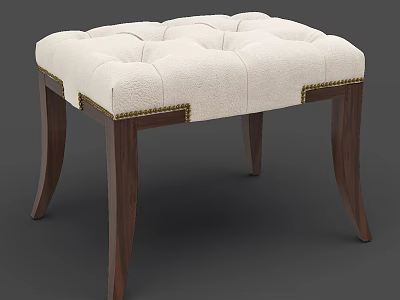 White Tufted Sofa Stool With Dark Wooden Curved Legs And Gold Nailhead Trim 3d model