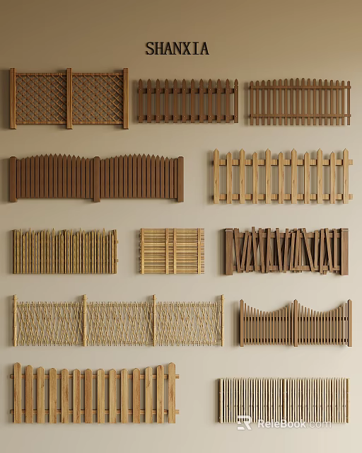 Various Decorative Wooden Bamboo Fences with Woven Slatted Design Styles 3d model 