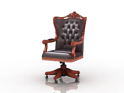 Classic Style Office Chair With Carved Wooden Frame Black Leather Button Tufted Swivel Base 3d model