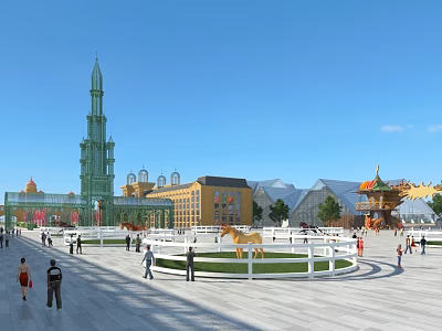 Modern Entrance Gate In Square With Golden Horse Sculpture And Surrounding Buildings 3d model