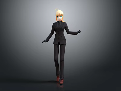 Blonde Haired Character In Black Suit With Red Shoes And Outstretched Hands On Gray Background 3d model