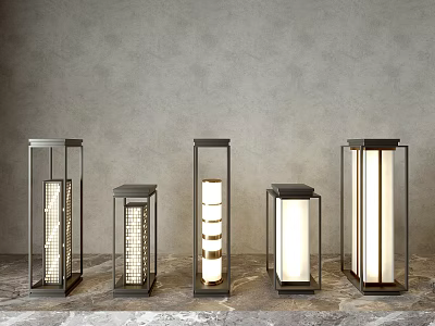 Outdoor Lights Different Designs Metal Frames Glass Shades Some Illuminated On Marble Floor Gray Wall 3d model