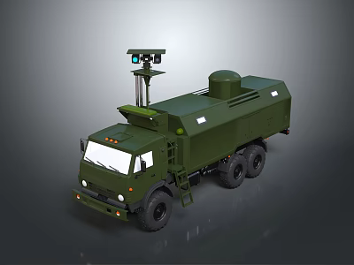 Army Green Military Truck Featuring Roof Mounted Surveillance System And Six Wheels 3d model