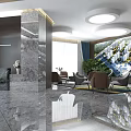 Modern Sales Office Interior With Housing Model Bookshelves Crystal Chandelier And Marble Floor
