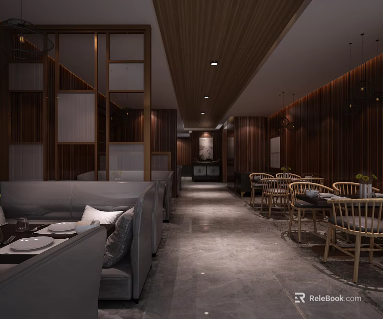 Modern Restaurant Interior With Wooden Decor Seating Area And Pendant Lights 3d model 