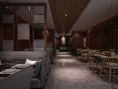 Modern Restaurant Interior With Wooden Decor Seating Area And Pendant Lights 3d model