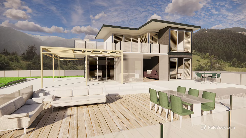 Modern Detached Villa With Wooden Deck White Sofa Green Chairs And Mountain View 3d model 
