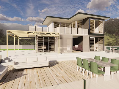 Modern Detached Villa With Wooden Deck White Sofa Green Chairs And Mountain View 3d model