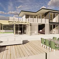 Modern Detached Villa With Wooden Deck White Sofa Green Chairs And Mountain View