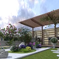 Beautiful Courtyard Garden With Wooden Pergola Climbing Vines Colorful Flowers Green Lawn And Stone Path