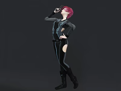 Woman With Pink Hair In Black Bodysuit Blue Lines Holding Microphone Hand On Hip 3d model