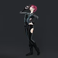Woman With Pink Hair In Black Bodysuit Blue Lines Holding Microphone Hand On Hip