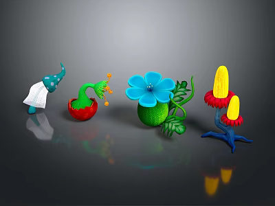 Colorful Decorative Garden Plants With Vibrant Mushroom Flower And Leaf Designs 3d model