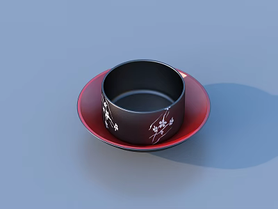 Elegant Tableware Set Featuring Black Bowl Red Plate and White Floral Patterns 3d model