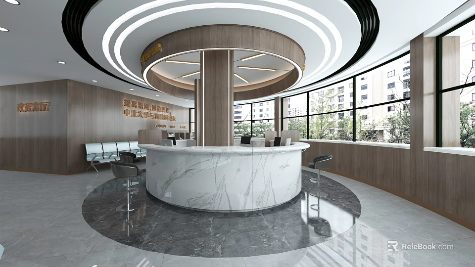 Modern Service Hall With Marble Reception Desk And Wooden Walls 3d model 