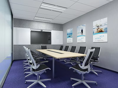 Modern Conference Room With Blue Carpet Long Table Whiteboard And Ergonomic Chairs 3d model