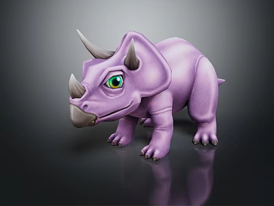 Cute Cartoon Style Purple Triceratops Character With Big Green Eyes And Stubby Legs 3d model