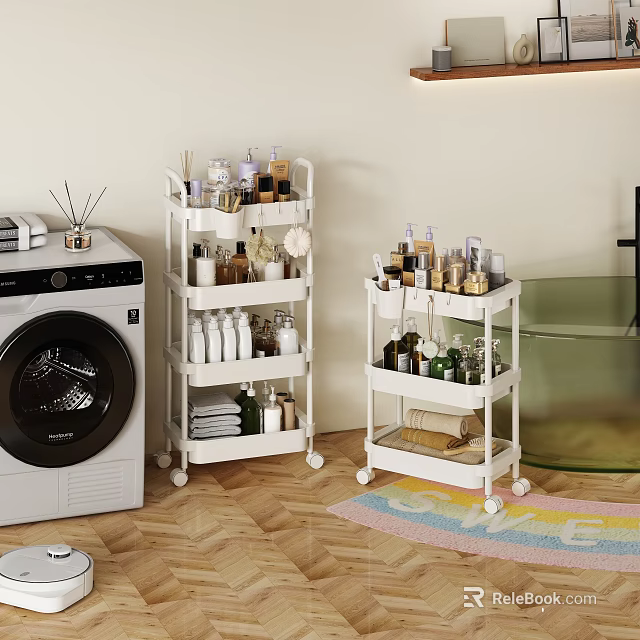 White Multi Tier Wheeled Storage Cart for Laundry Room with Bottles and Towels 3d model 
