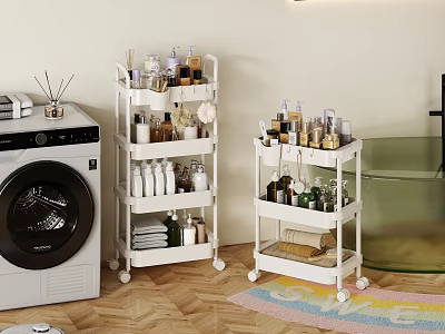 White Multi Tier Wheeled Storage Cart for Laundry Room with Bottles and Towels 3d model