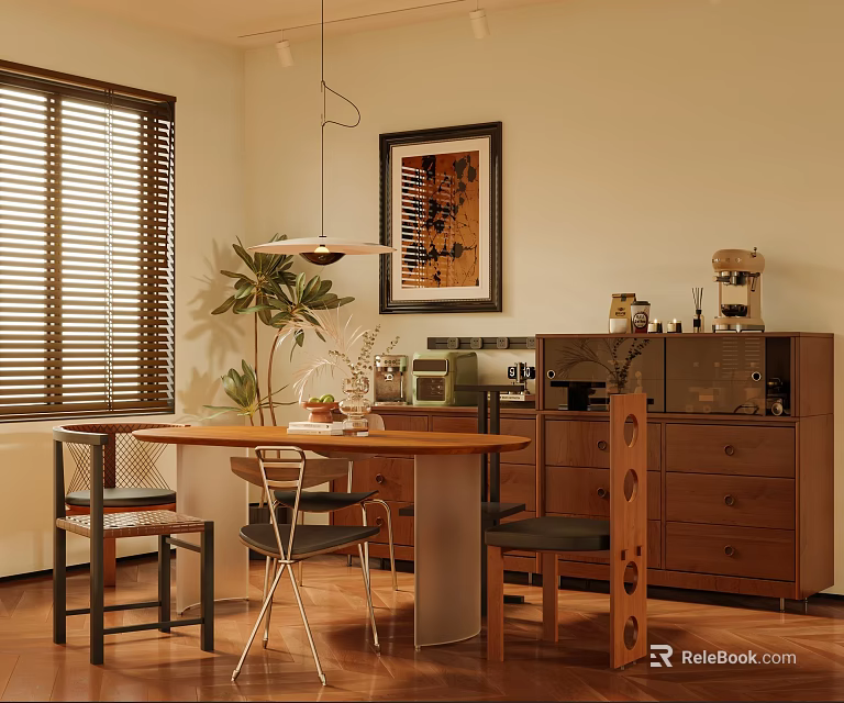 Modern Restaurant Interior Design With Wooden Dining Table Chairs Pendant Light Plant And Wine Cabinet 3d model 