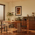 Modern Restaurant Interior Design With Wooden Dining Table Chairs Pendant Light Plant And Wine Cabinet